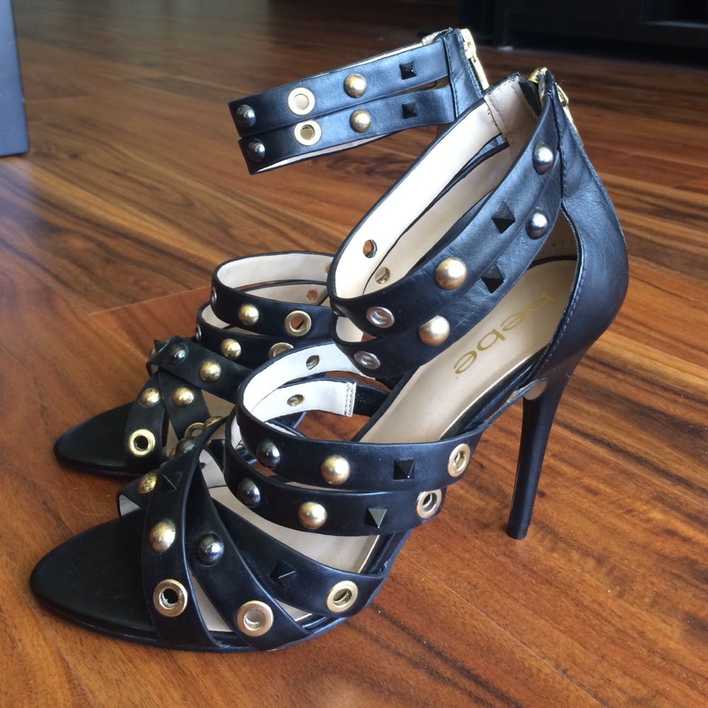 bebe Black and Gold Studded Heels